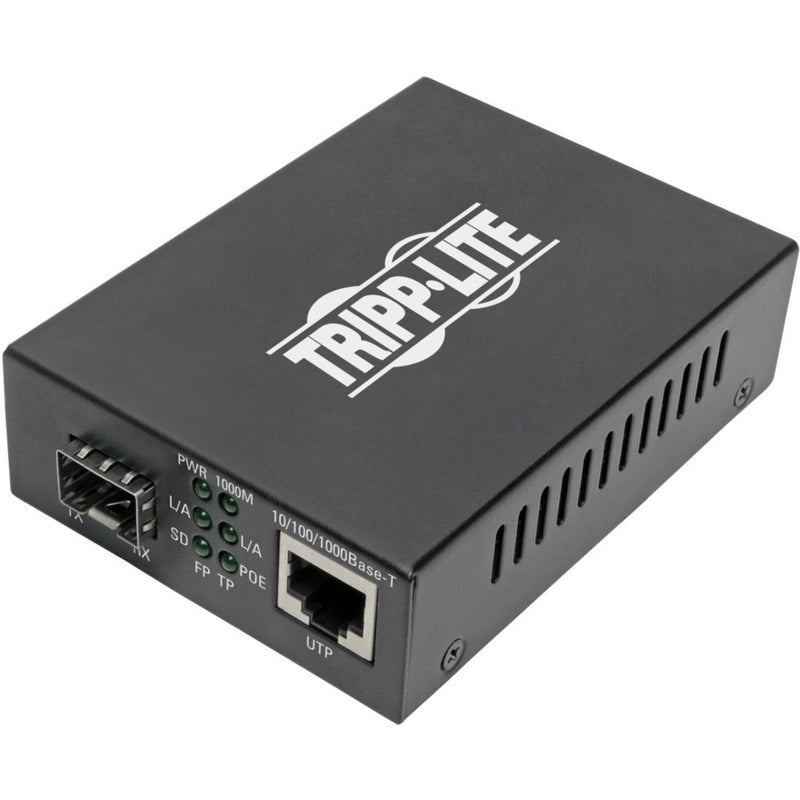 Front view of Tripp Lite N785-P01-SFP media converter showing SFP slot, RJ-45 port, and LED status indicators