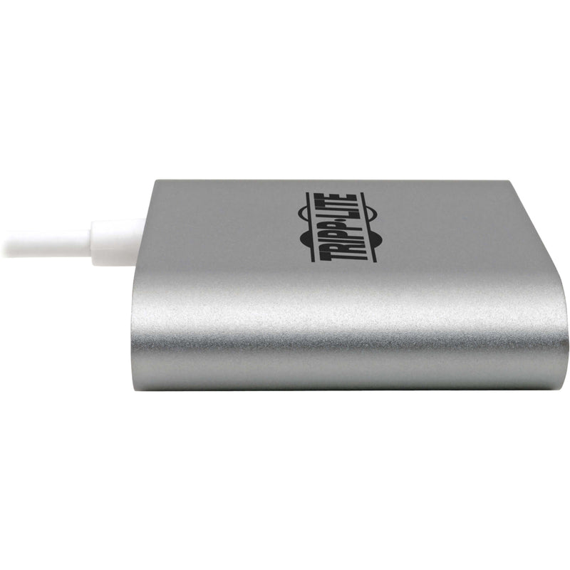 Top view of Tripp Lite adapter showing brushed aluminum finish and logo