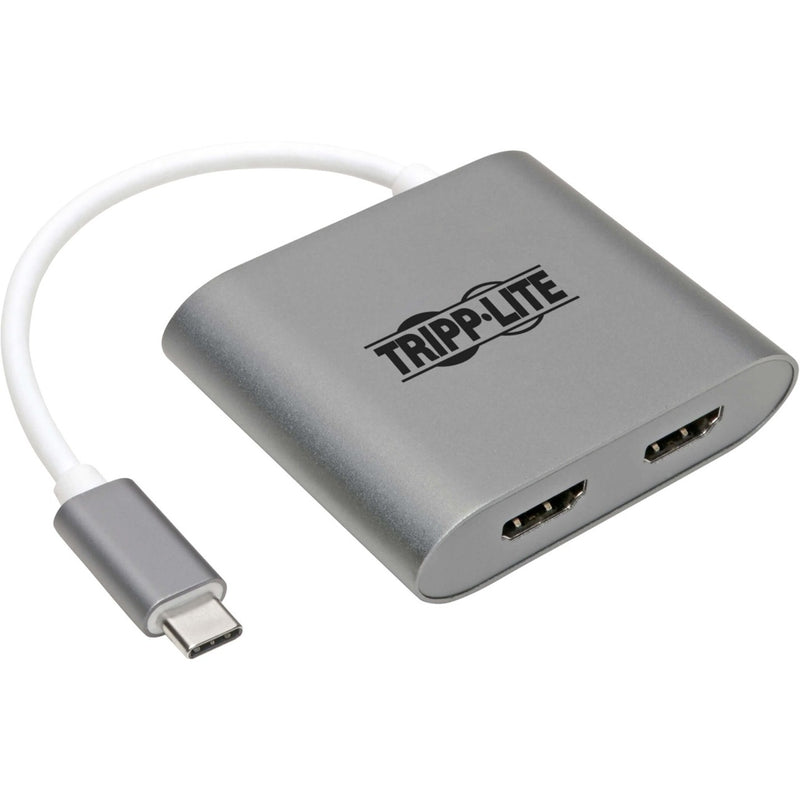 Tripp Lite USB-C to dual HDMI adapter showing sleek gray aluminum housing and white cable