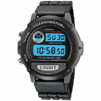 Casio W87H-1V digital watch with illuminated blue LCD dual display showing time, black resin case and band-alternate-image1