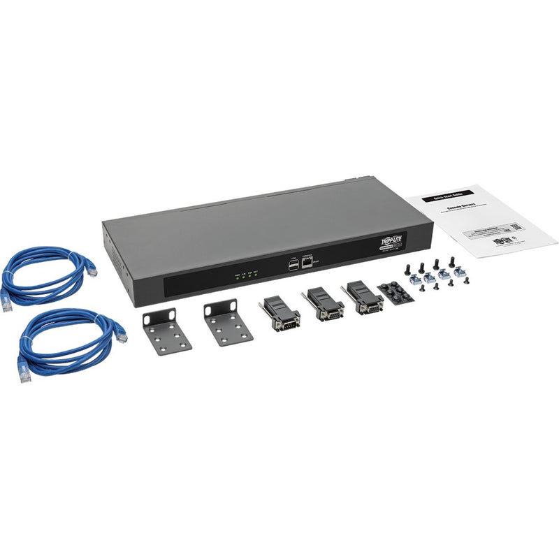 Complete package contents of Tripp Lite B097-048-INT console server including mounting brackets, cables, and accessories