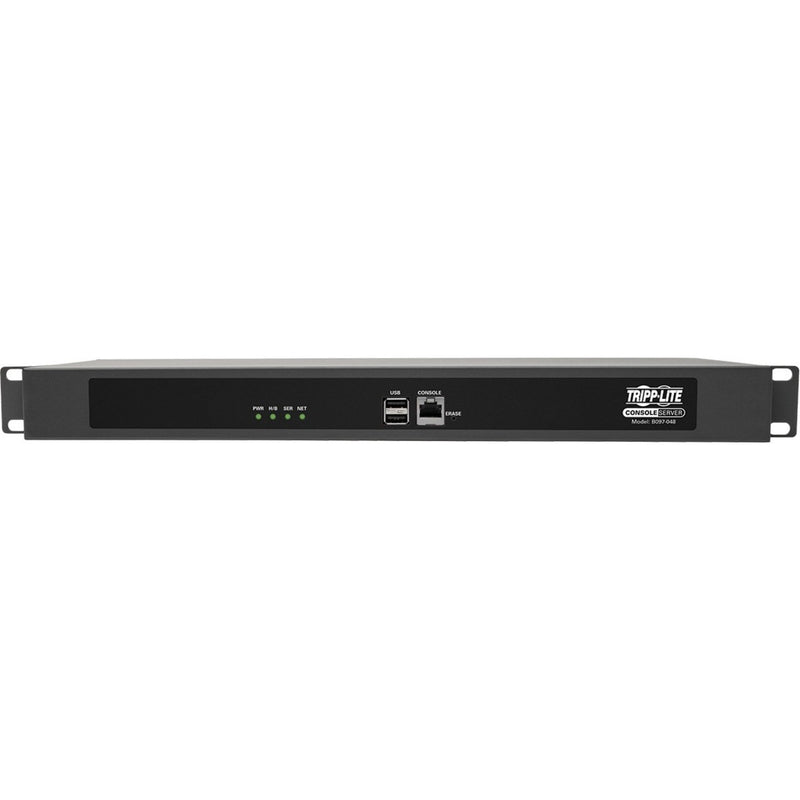 Front panel view of Tripp Lite B097-048-INT console server showing LED indicators and ports