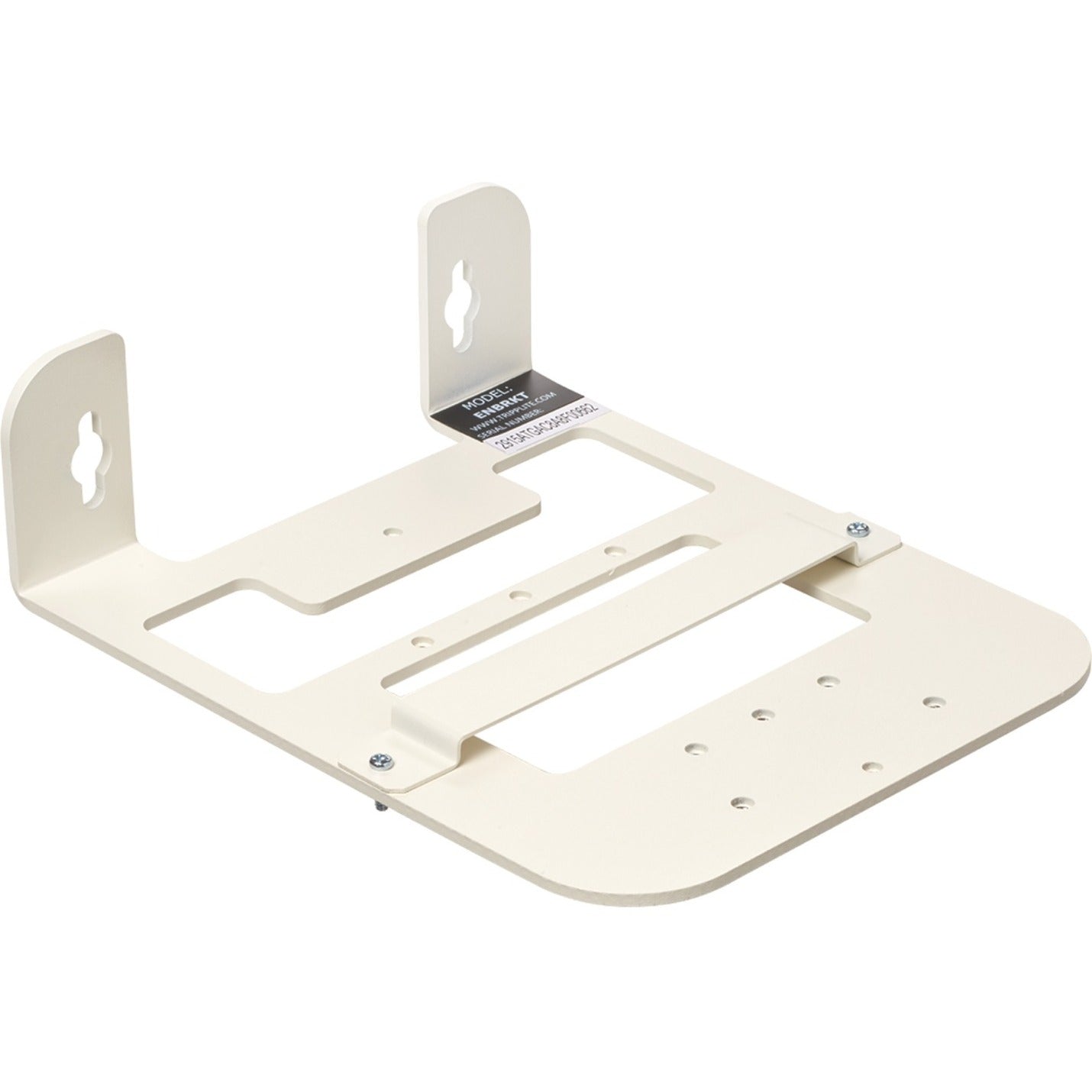 Front view of white steel universal wall bracket for wireless access point showing mounting holes and cable management features-alternate-image1