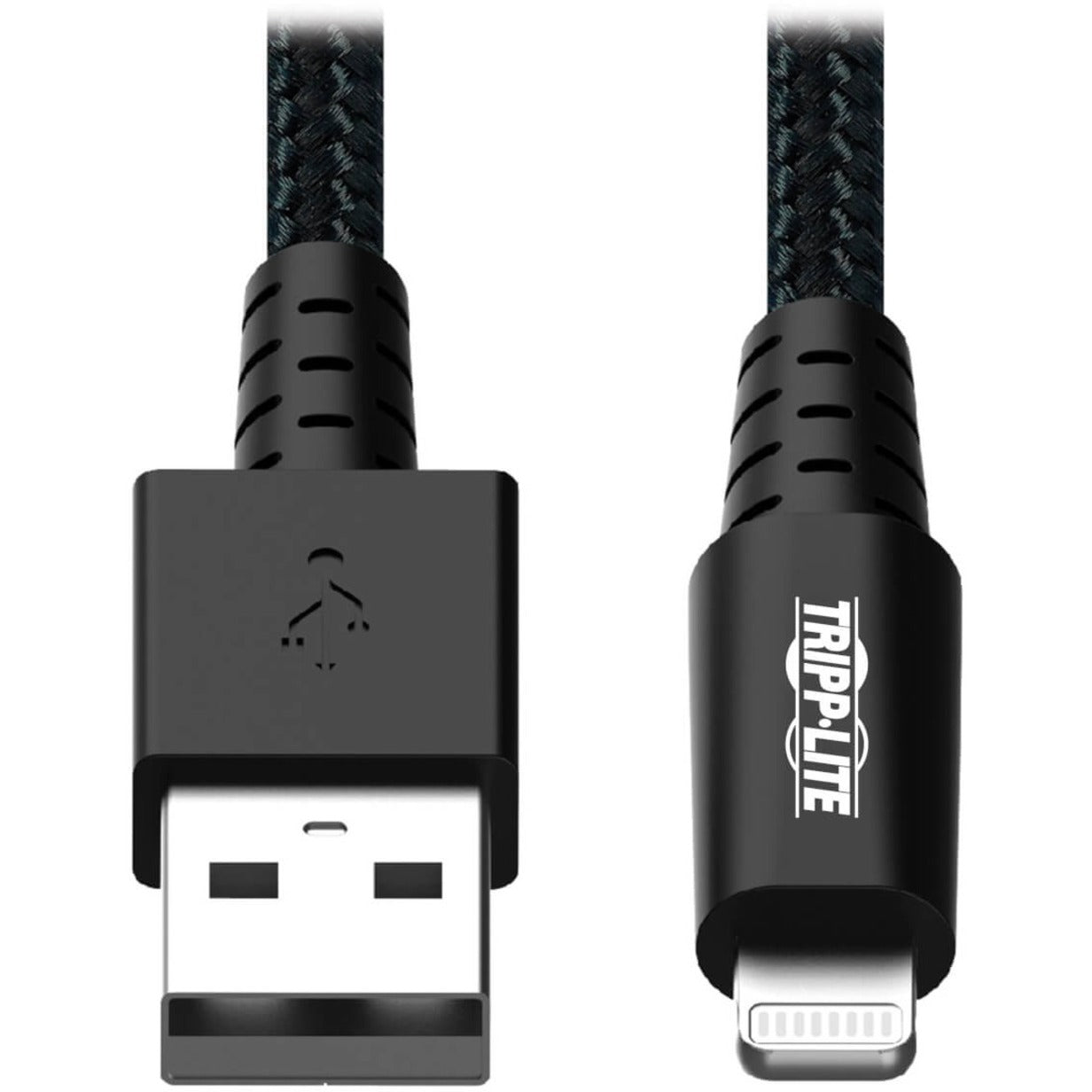 Close-up view of Tripp Lite USB-A and Lightning connectors with reinforced strain relief and braided cable-alternate-image1