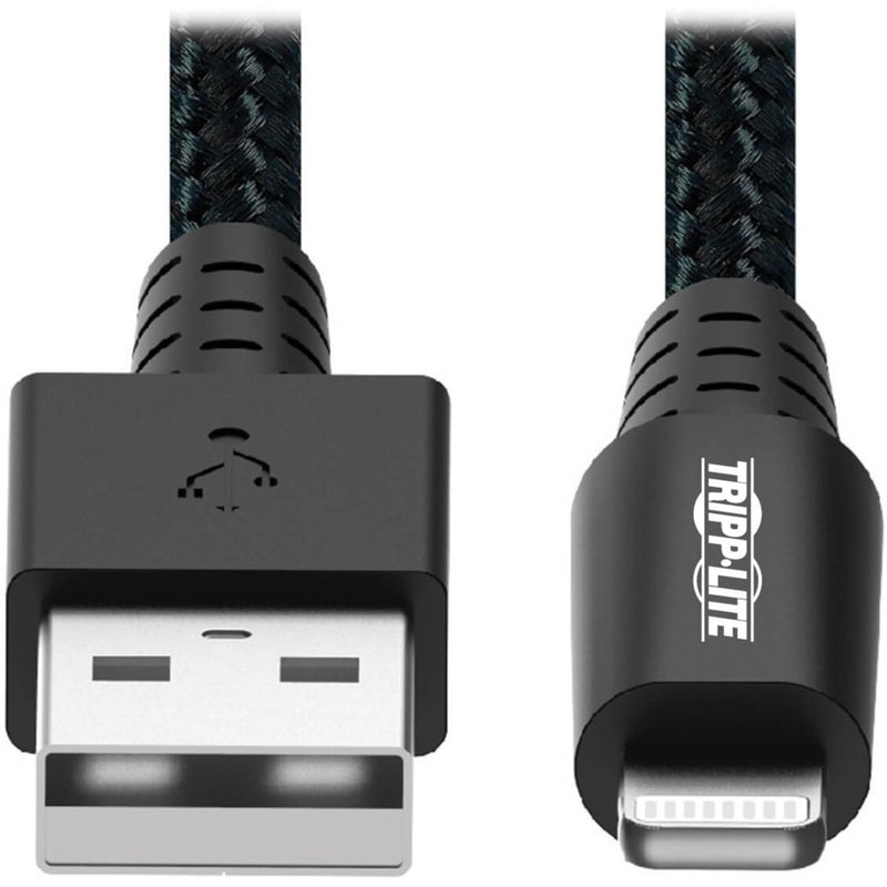 Detailed view of MFi-certified Lightning and USB-A connectors with strain relief