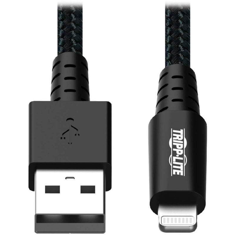 Close-up view of Tripp Lite USB-A and Lightning connectors with braided cable and strain relief