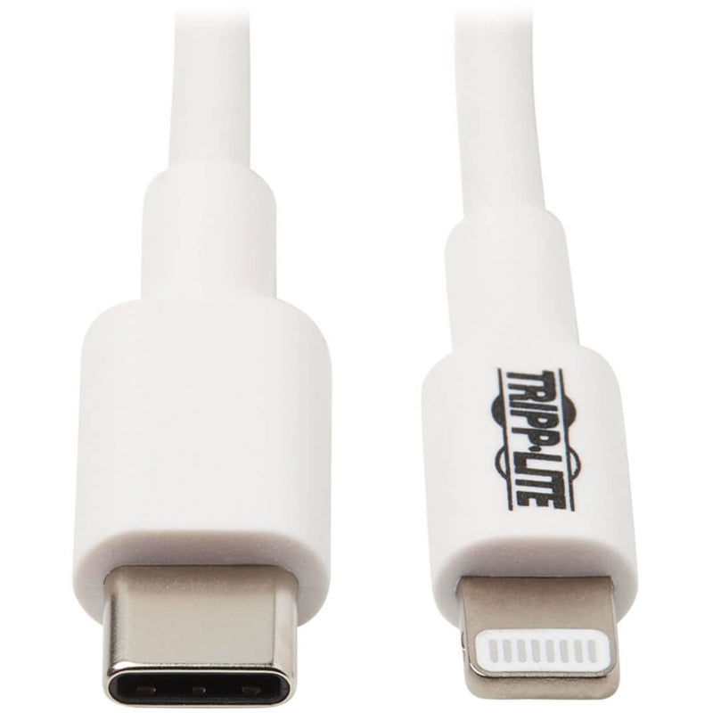 Close-up view of USB-C and Lightning connectors on white cable showing gold-plated contacts