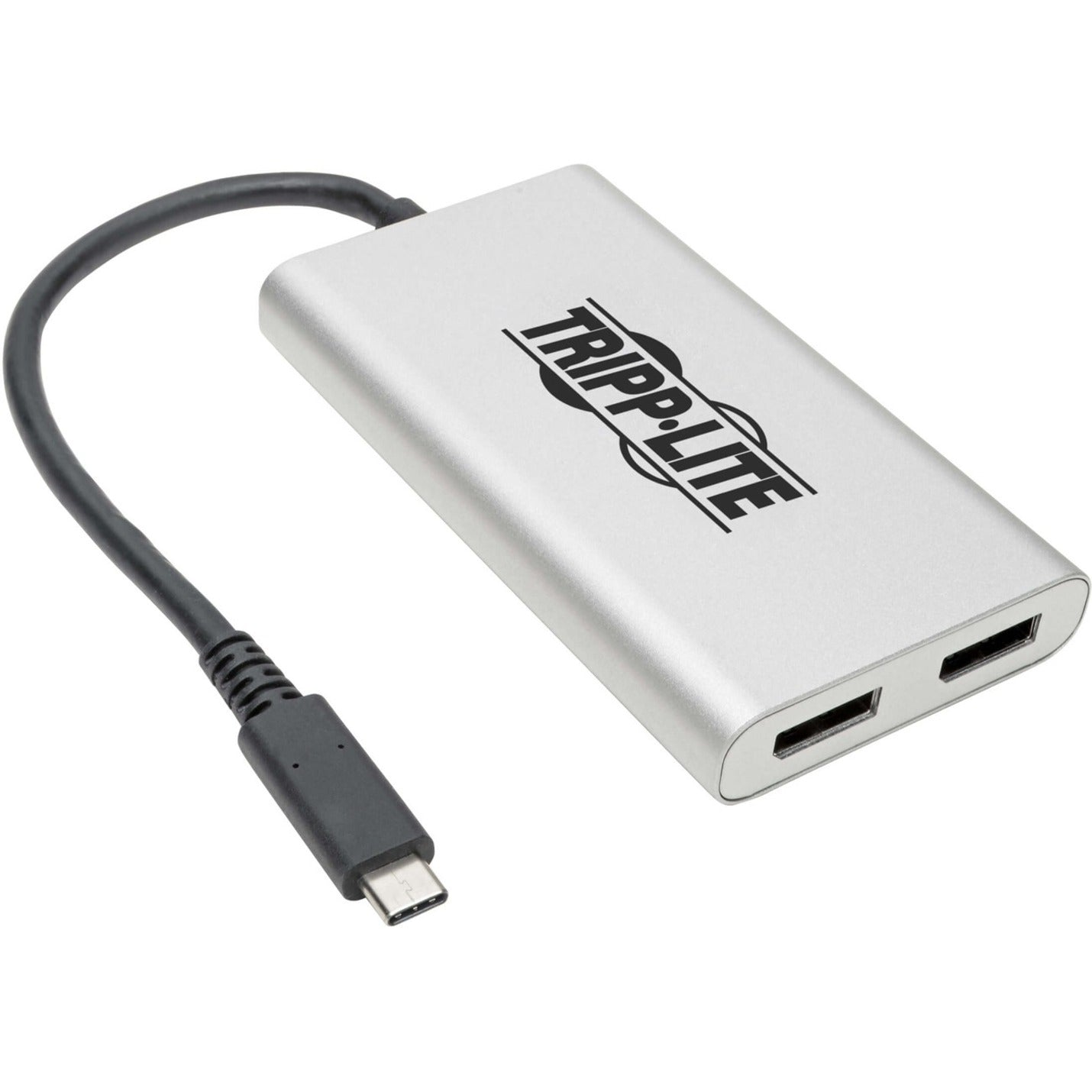 Tripp Lite MTB3-002-DP adapter showing USB-C connector and dual DisplayPort ports in silver finish-alternate-image1