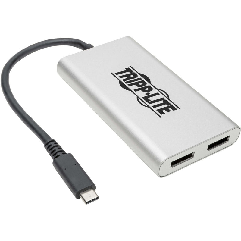 Tripp Lite MTB3-002-DP adapter showing USB-C connector and dual DisplayPort ports in silver finish