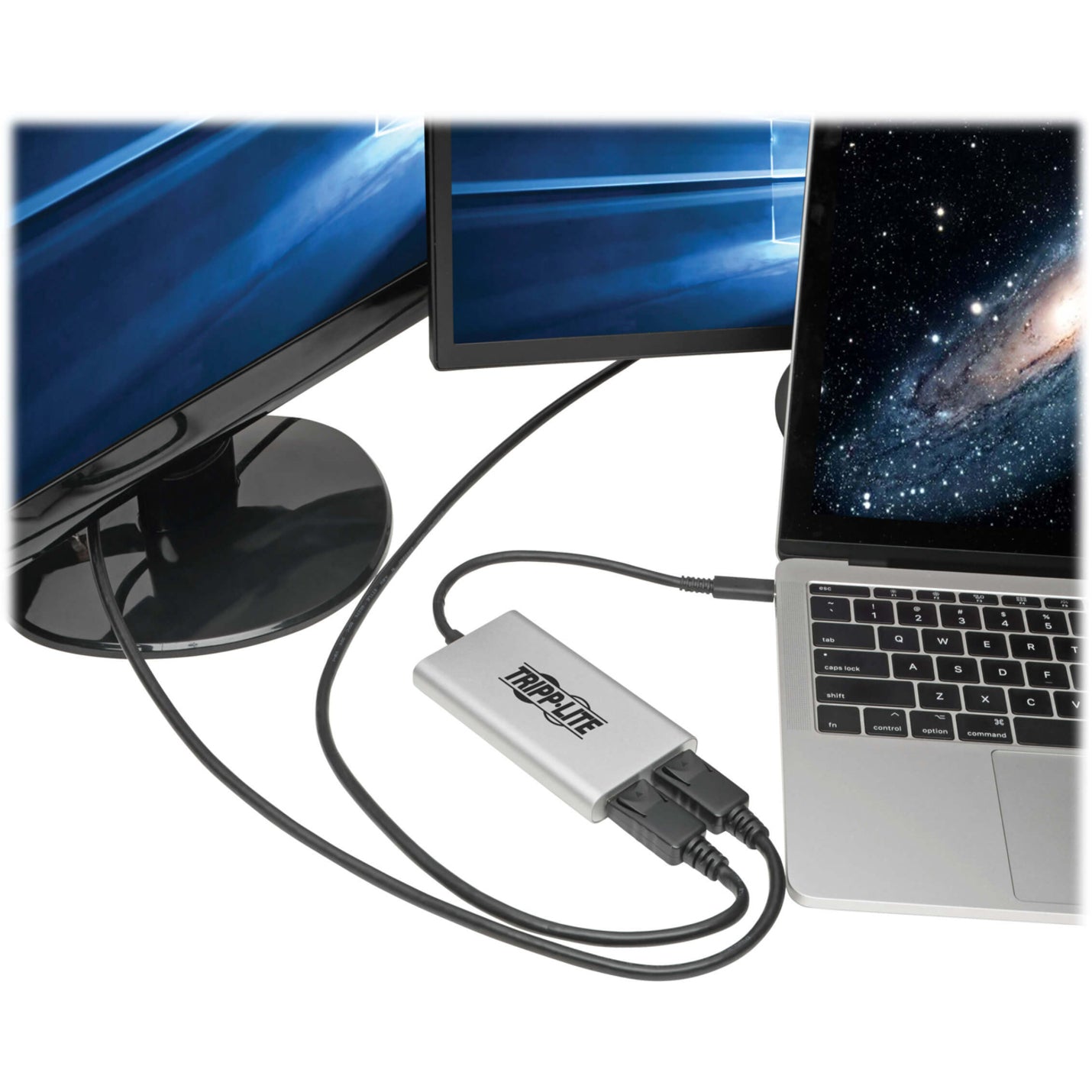 Tripp Lite MTB3-002-DP adapter in use with dual monitor setup and laptop-alternate-image6