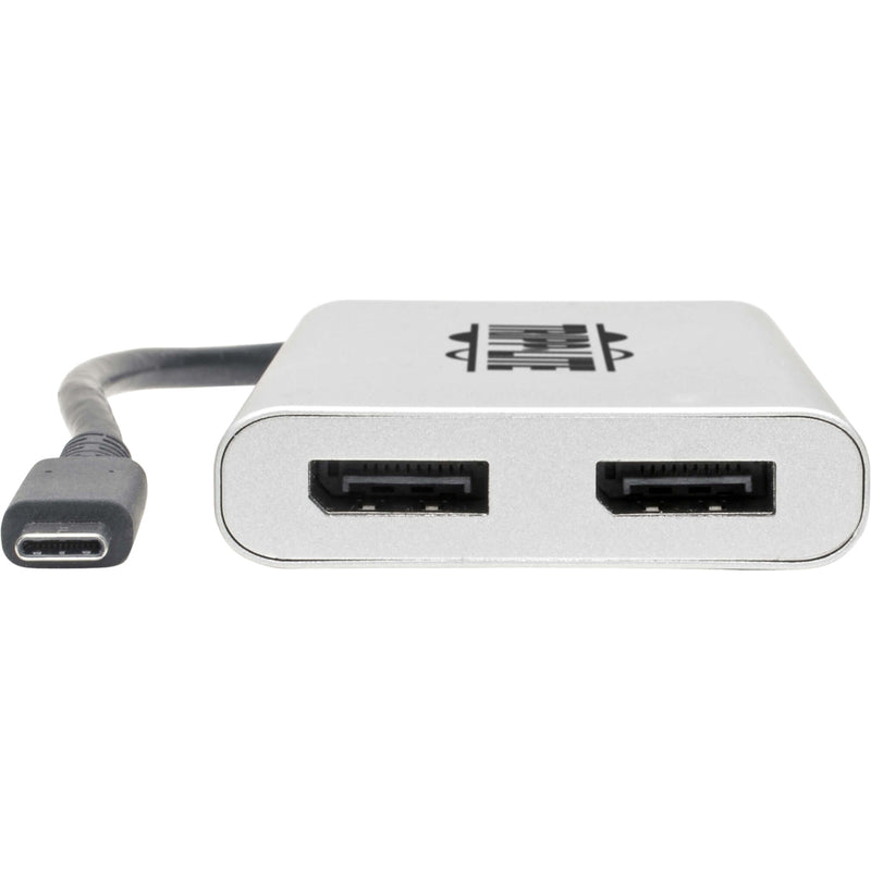 Close-up view of dual DisplayPort ports on Tripp Lite MTB3-002-DP adapter