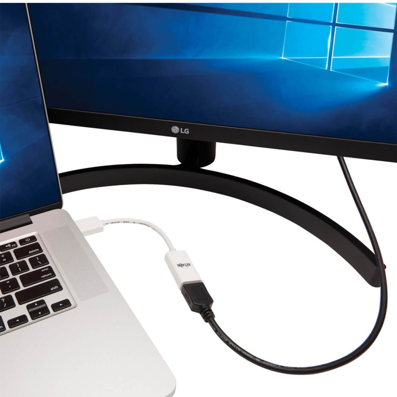 DisplayPort adapter connecting laptop to LG monitor showing Windows desktop-alternate-image3