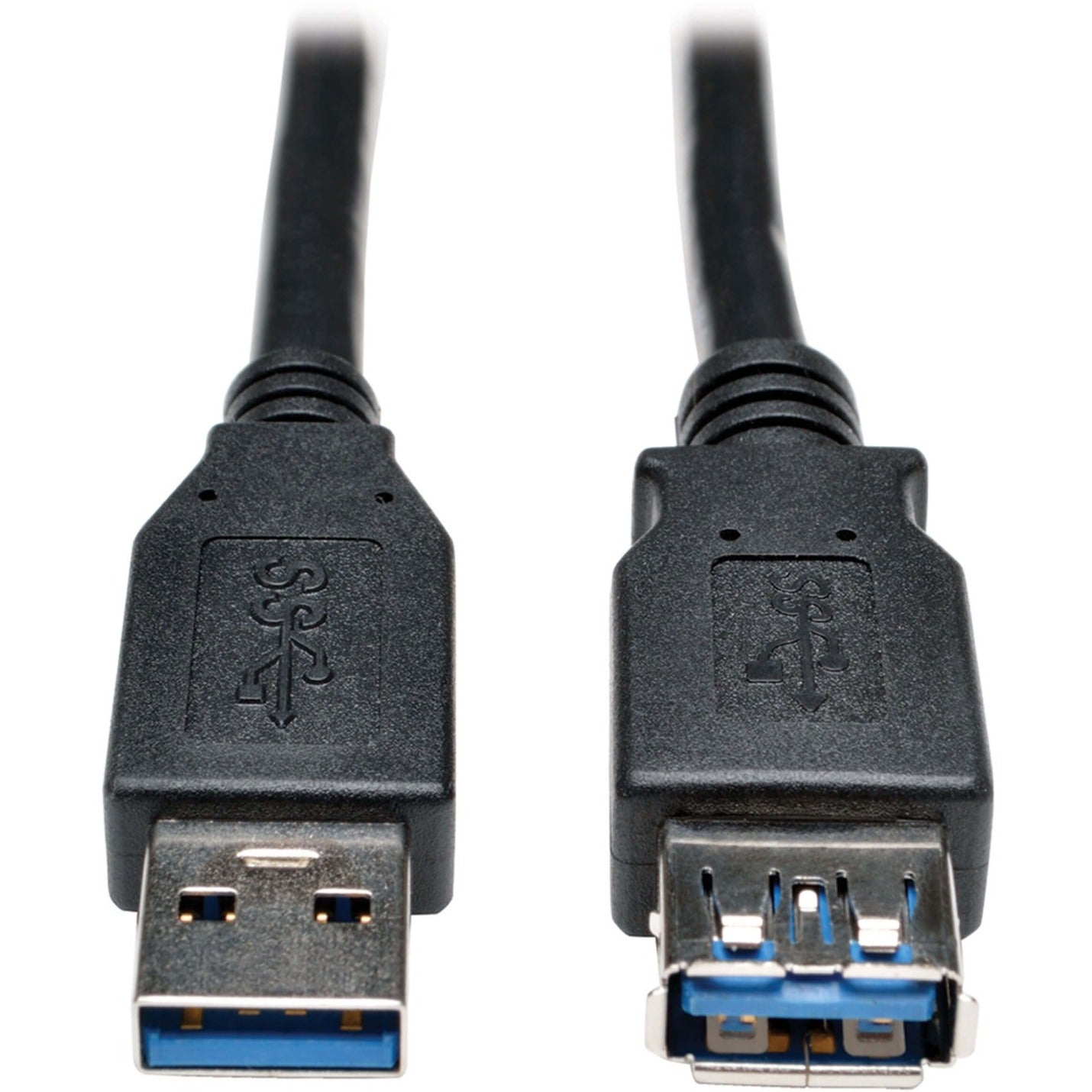 Close-up view of Tripp Lite USB 3.0 SuperSpeed cable showing male and female Type-A connectors with blue internal ports-alternate-image1