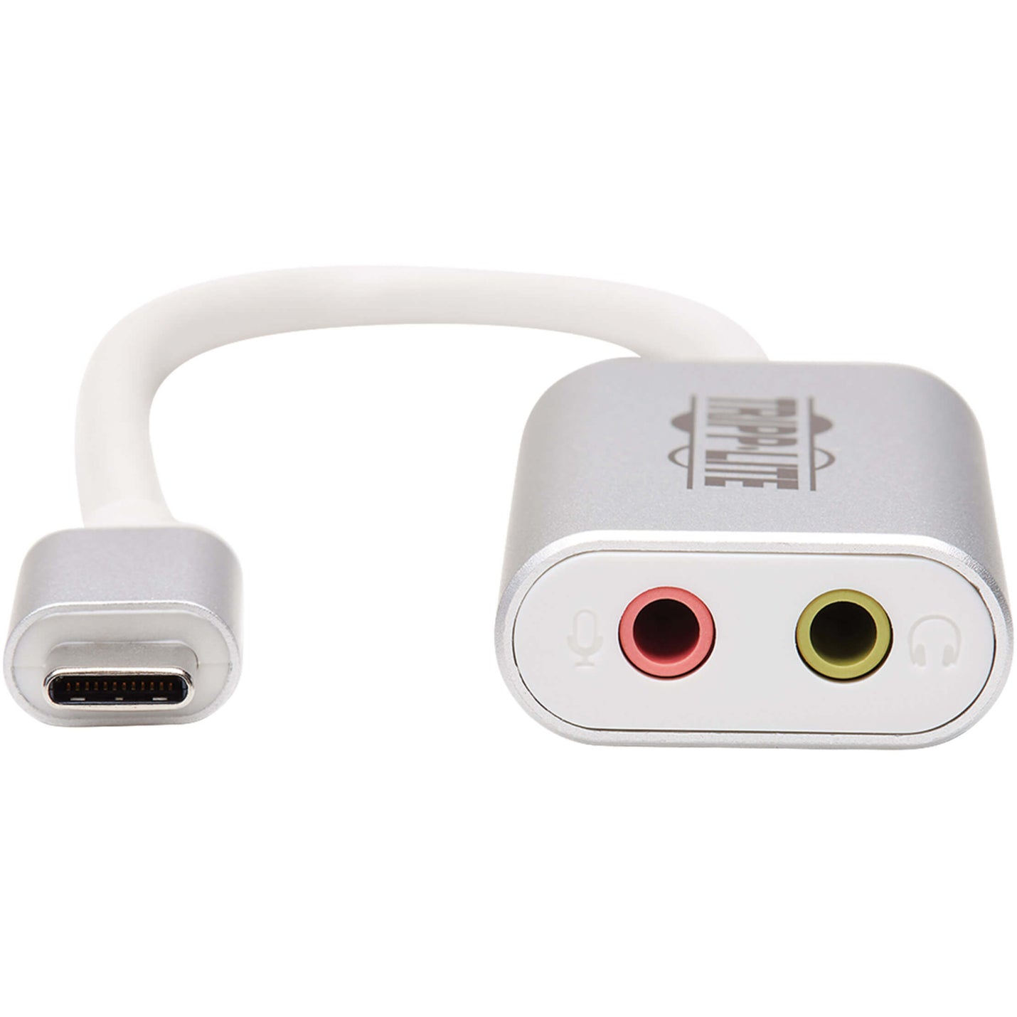 Close-up view of Tripp Lite adapter's dual 3.5mm audio ports and USB-C connector-alternate-image3