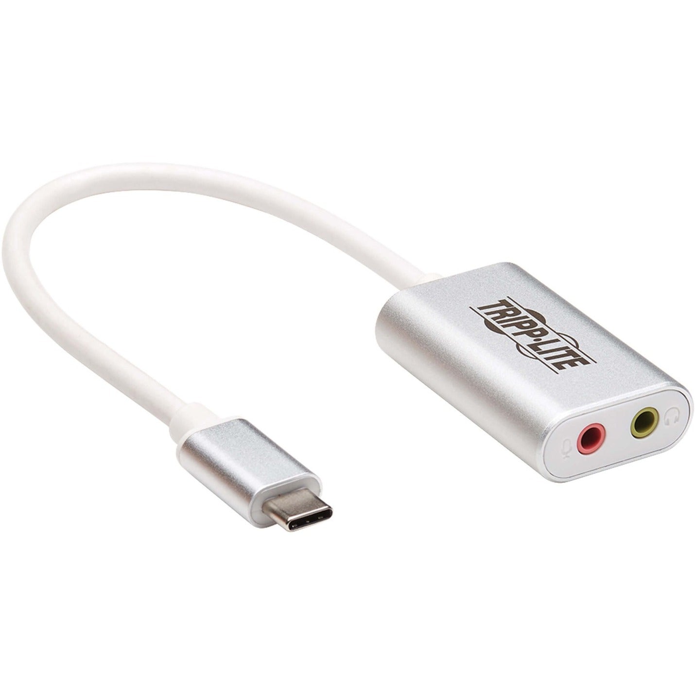 Tripp Lite USB-C to 3.5mm stereo audio adapter with white cable and silver housing showing dual audio ports-alternate-image1