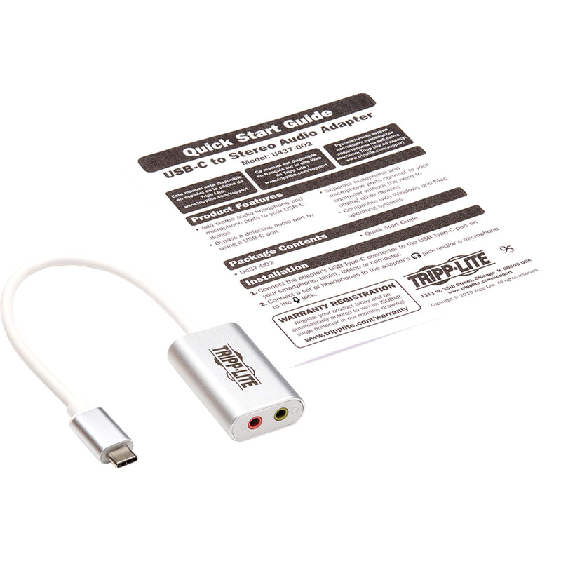 Tripp Lite USB-C audio adapter shown with quick start guide and packaging