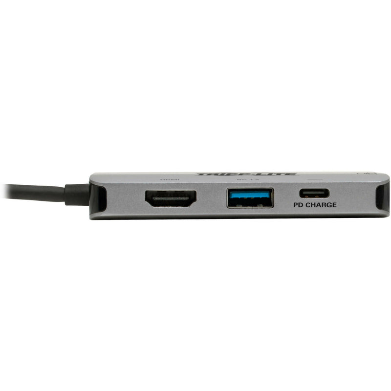 Close-up view of Tripp Lite docking station ports including HDMI, USB, and PD charging