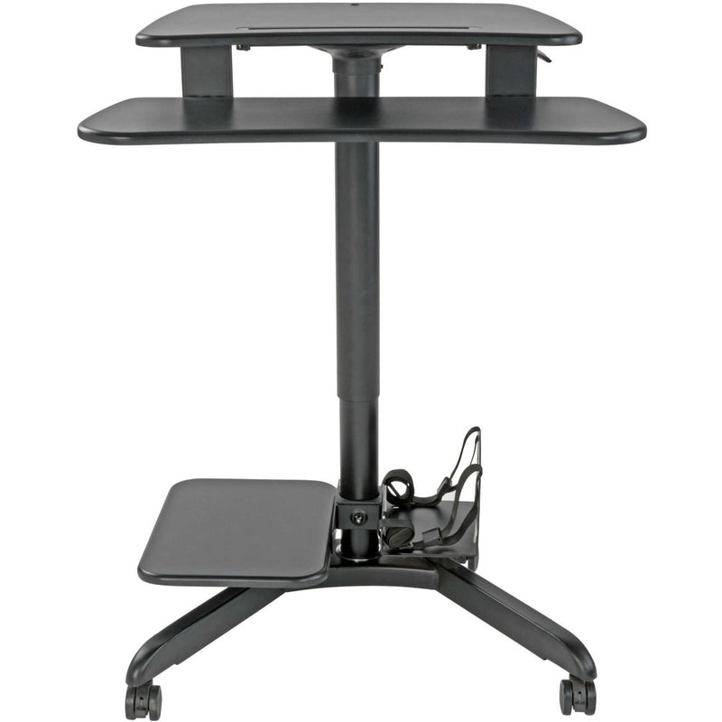 Front view of Tripp Lite mobile workstation displaying multi-level shelf configuration and stable base