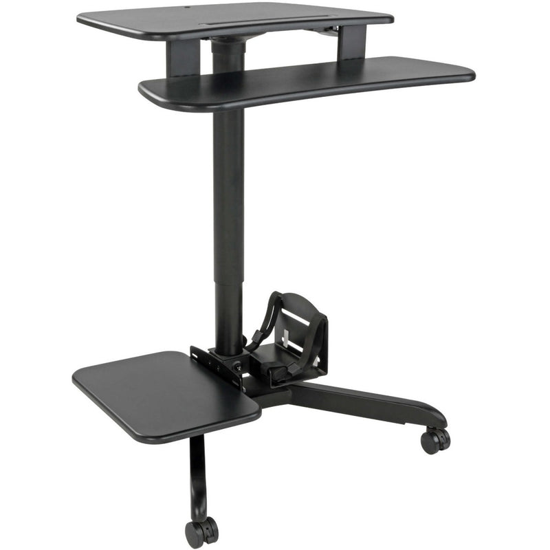 Side view of Tripp Lite mobile workstation showing height-adjustable monitor and keyboard shelves with rolling base