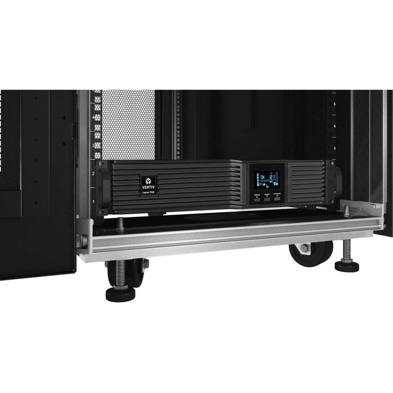 Liebert PSI5 UPS installed in server rack showing mounting rails and leveling feet