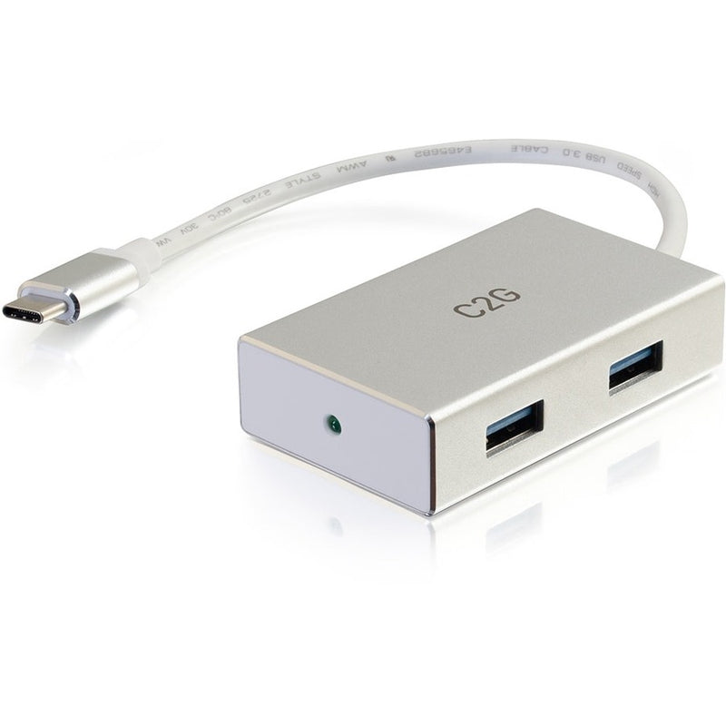 C2G USB-C hub featuring four USB-A ports in silver and white design with status LED