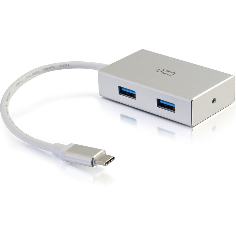 Angled view of C2G USB-C hub showing sleek aluminum design and USB port placement