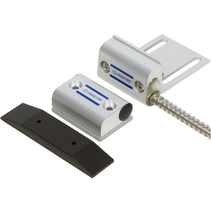 Nascom N505ASCD/ST door sensor components showing white aluminum switch housing, L-bracket mount, and protective wear pad-alternate-image1