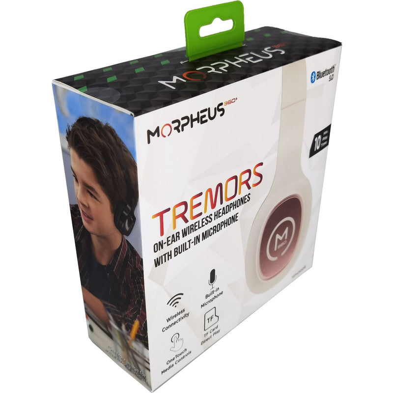 Front view of Morpheus 360 TREMORS headphones retail packaging showing key features