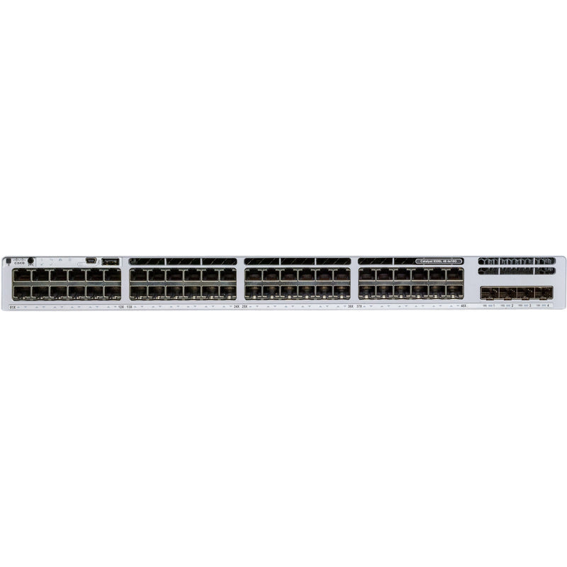 Direct front view of Cisco Catalyst 9300L-48P-4X-E switch displaying all 48 ports and uplink interfaces