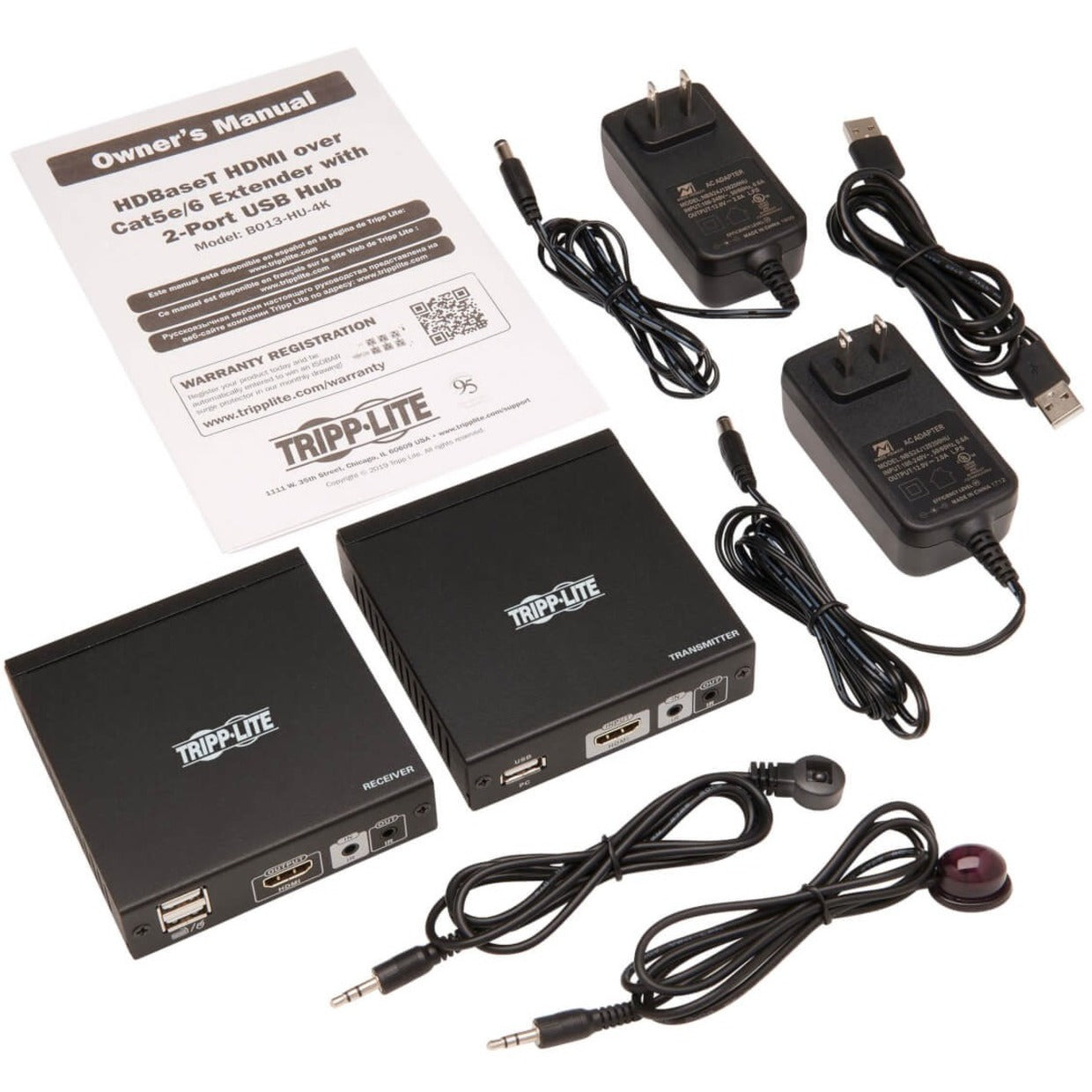 Complete contents of Tripp Lite B013-HU-4K KVM extender kit including accessories and manual-alternate-image4