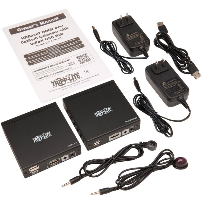 Complete contents of Tripp Lite B013-HU-4K KVM extender kit including accessories and manual