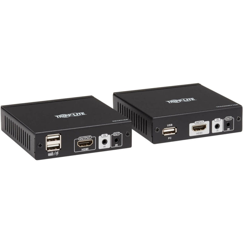 Front view of Tripp Lite B013-HU-4K KVM extender transmitter and receiver units showing USB, HDMI and IR ports