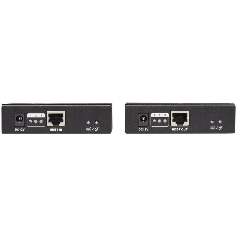 Detailed view of HDBaseT ports and power connections on KVM extender units