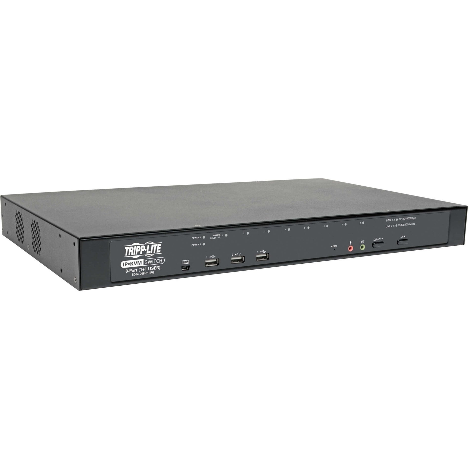 Front view of Tripp Lite B064-008-01-IPG 8-port IP KVM switch showing USB ports and LED indicators-alternate-image1