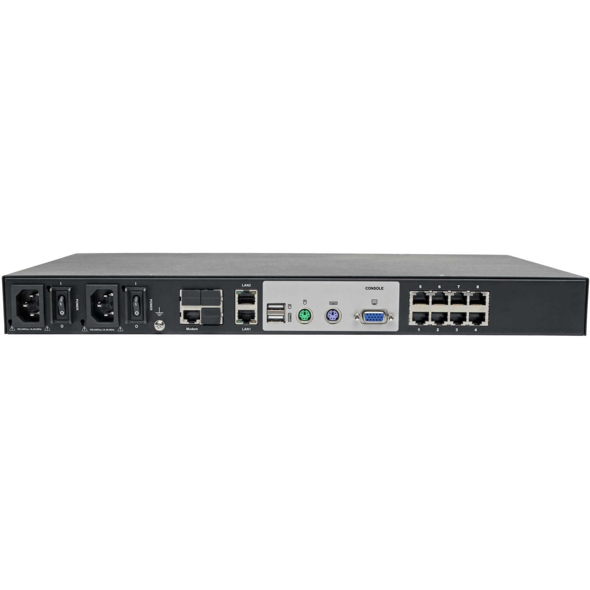 Rear panel view of Tripp Lite IP KVM switch showing all ports and connections-alternate-image4