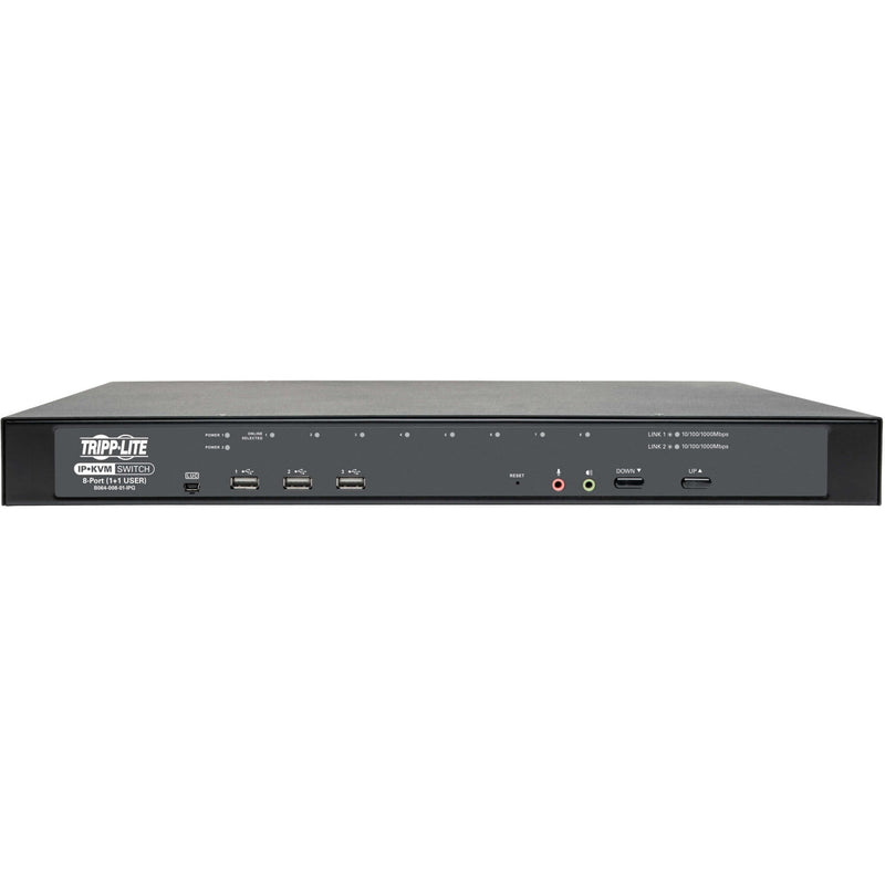 Close-up front view of Tripp Lite IP KVM switch showing control interface and USB ports