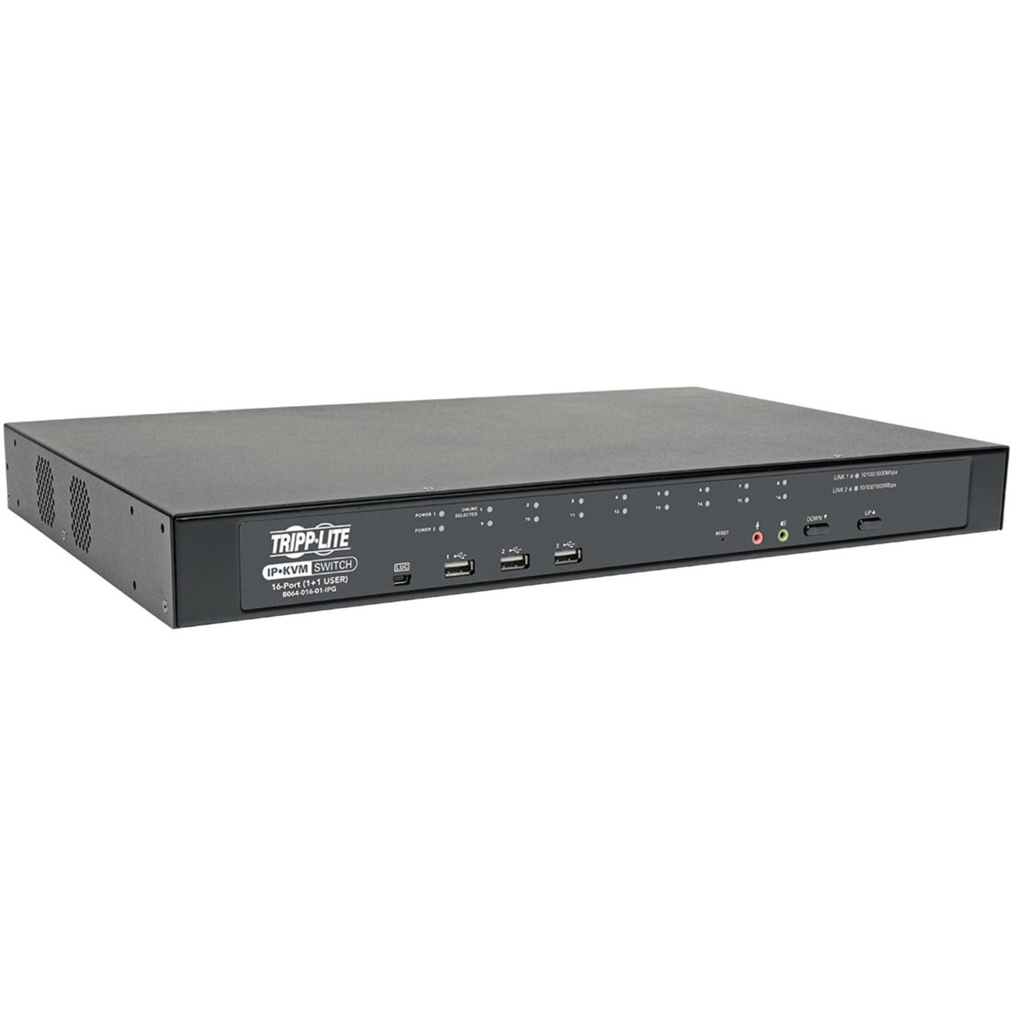 Front view of Tripp Lite B064-016-01-IPG 16-port IP KVM switch showing LED indicators and USB ports-alternate-image1