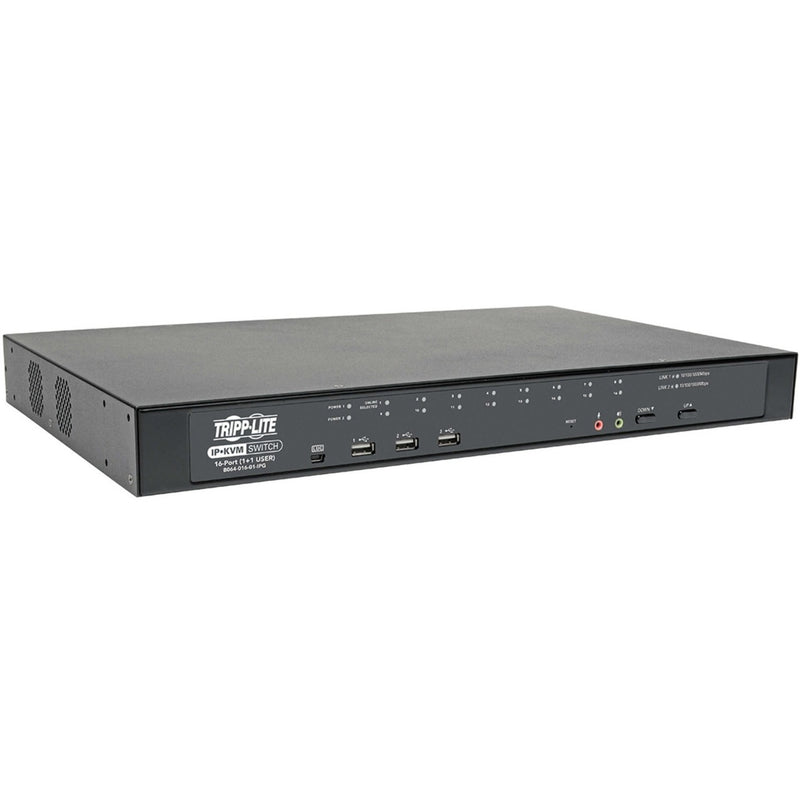 Front view of Tripp Lite B064-016-01-IPG 16-port IP KVM switch showing LED indicators and USB ports