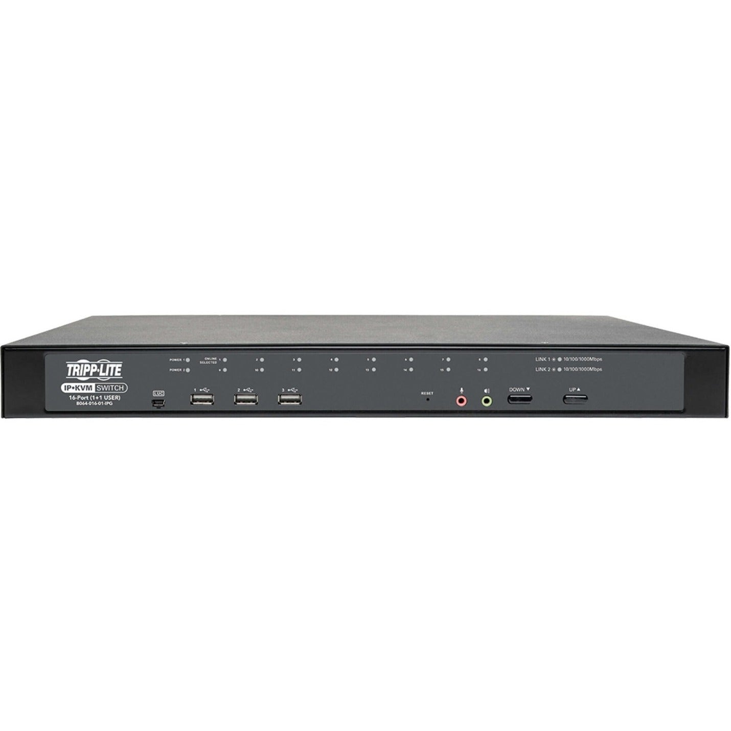 Angular view of Tripp Lite B064-016-01-IPG KVM switch showing front panel interface and controls-alternate-image2