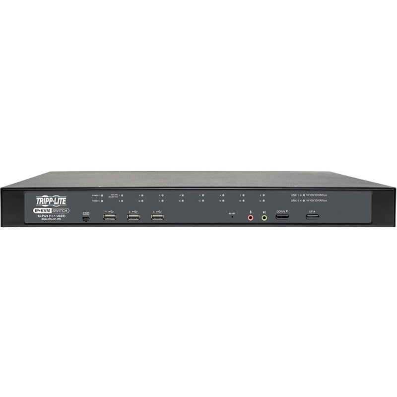 Angular view of Tripp Lite B064-016-01-IPG KVM switch showing front panel interface and controls