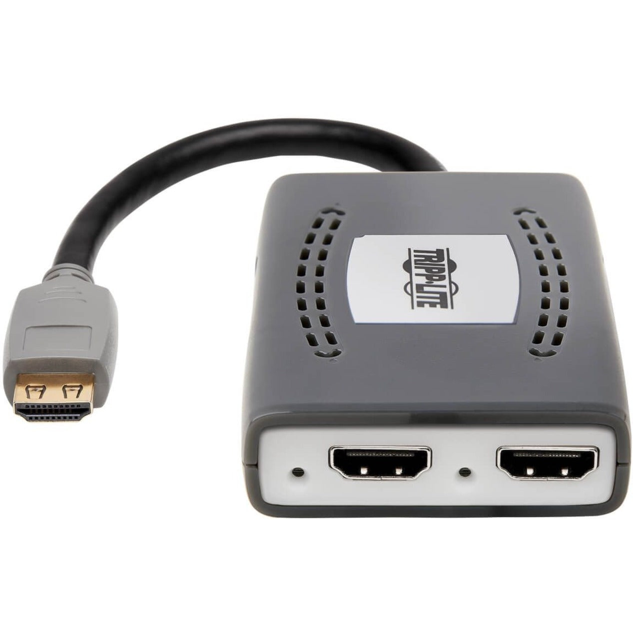 Angled view of HDMI splitter showing integrated input cable and dual outputs-alternate-image4