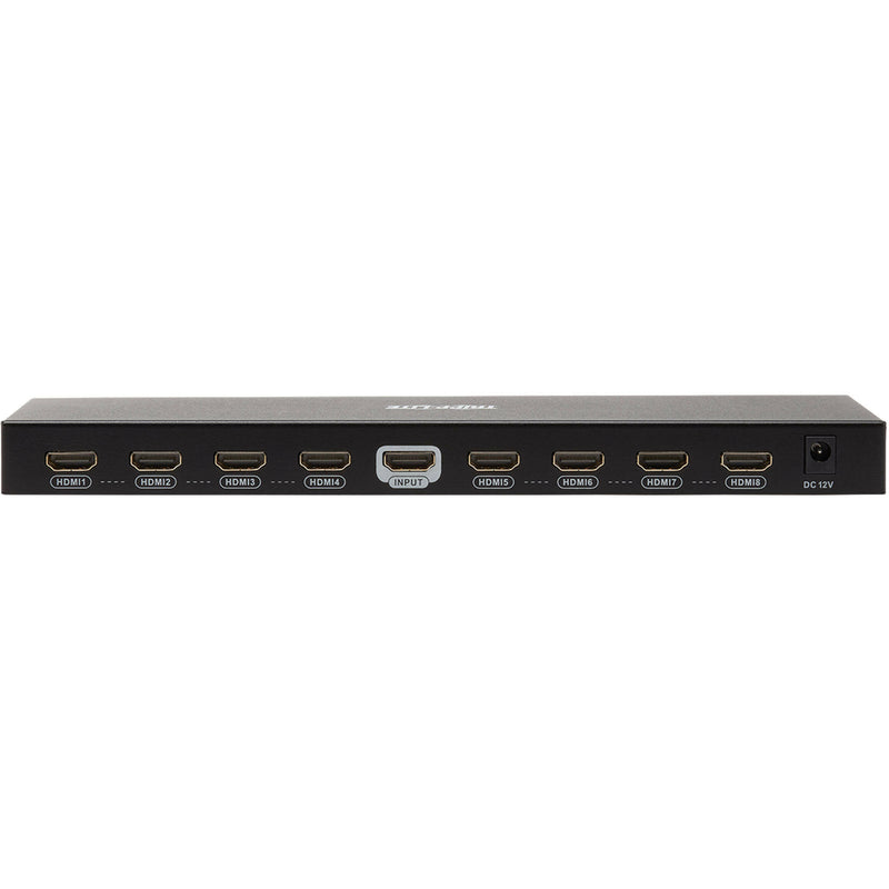 Rear view of Tripp Lite HDMI splitter showing 8 HDMI output ports and 1 input port