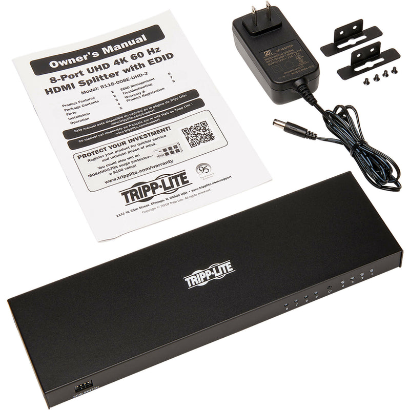 Complete package contents of HDMI splitter including manual, power adapter, mounting brackets and unit