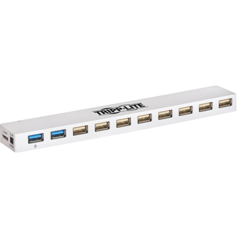 Front view of white Tripp Lite 10-port USB hub showing two blue USB 3.0 ports and eight USB 2.0 ports in a linear arrangement