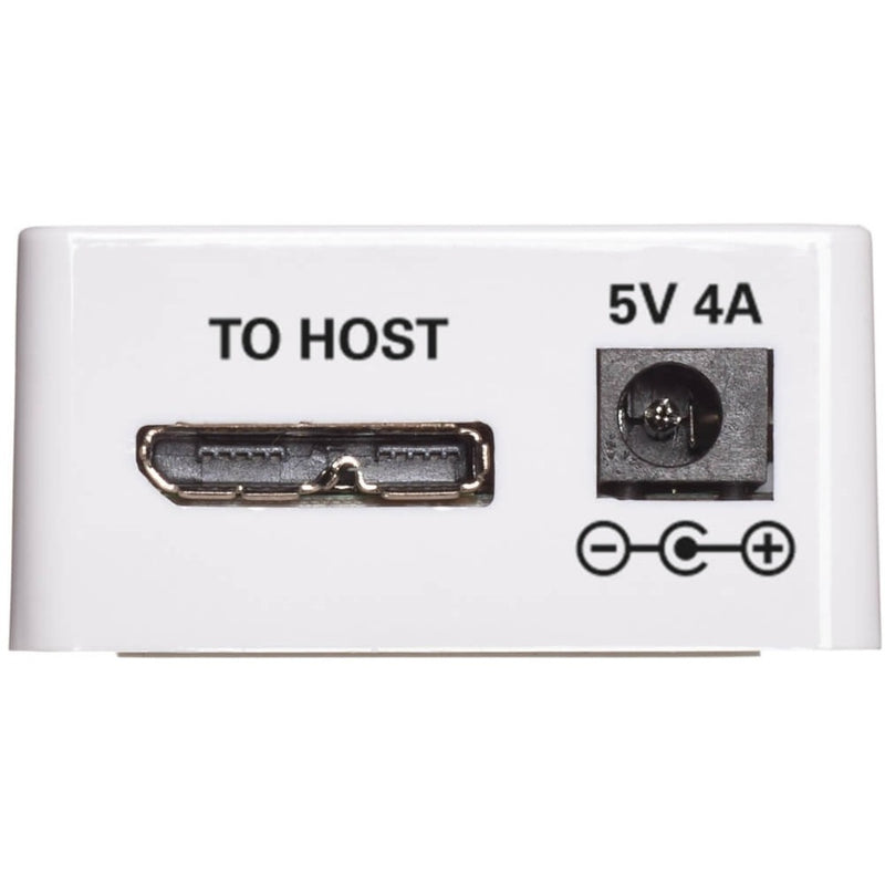 Detail view of Tripp Lite USB hub power and host connection ports with technical specifications