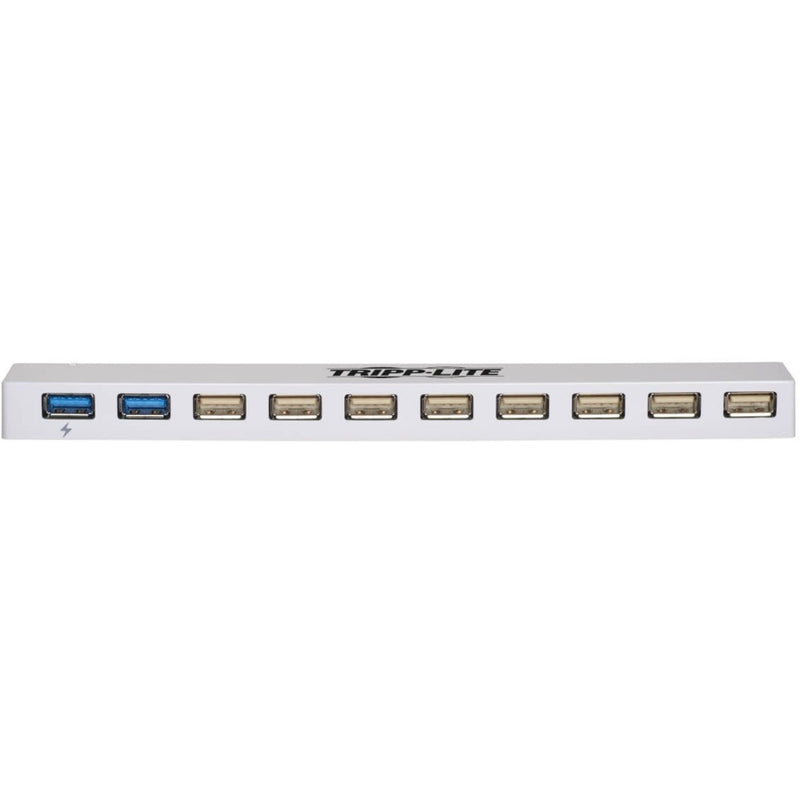 Close-up front view of Tripp Lite USB hub showing detailed port arrangement with blue USB 3.0 ports