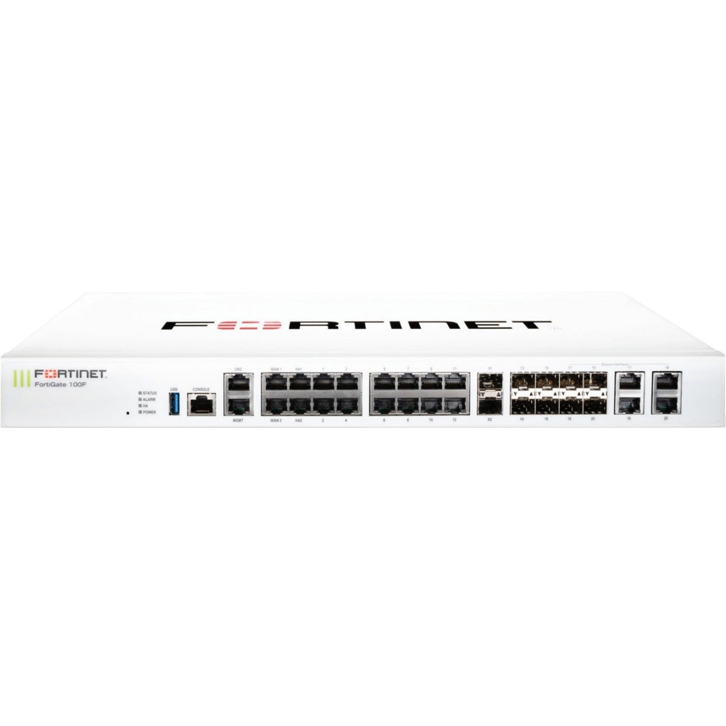 Front view of FortiGate 100F security appliance showing multiple network ports, SFP slots, and management interfaces in a 1U rack-mountable chassis-alternate-image1