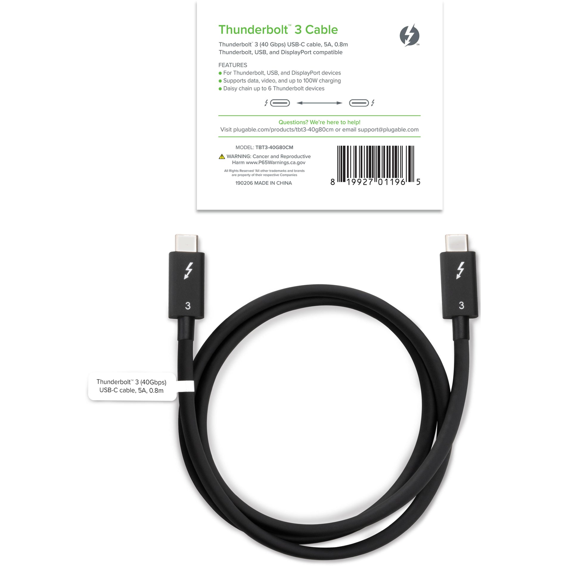 Câble Plugable TBT3-40G80CM Thunderbolt 3 (40 Gbps 26 pieds / 08 m) Livraison d'alimentation USB-C Transfert de données rapide