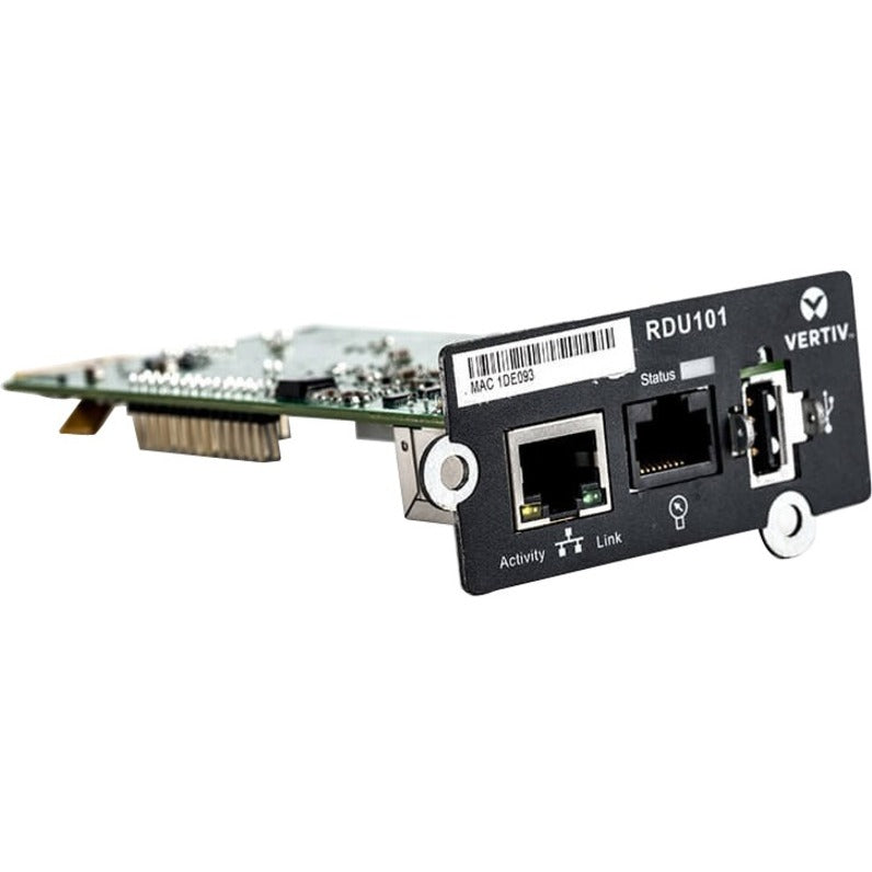 Side view of Liebert RDU101 IntelliSlot network card showing RJ-45 ports, status indicators, and circuit board components