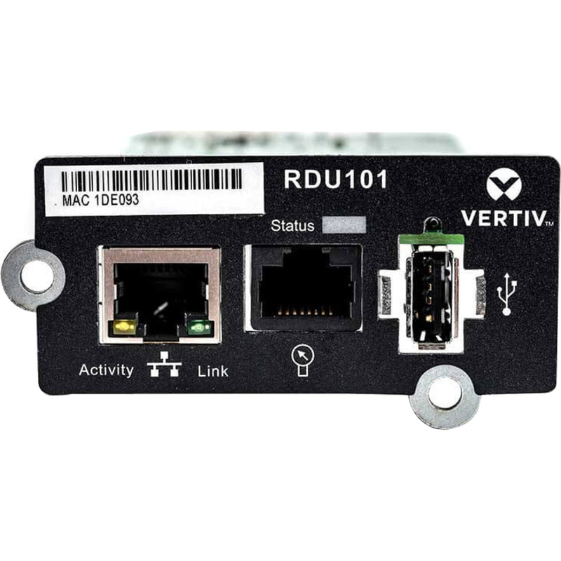 Front view of Liebert RDU101 network card displaying RJ-45 ports, USB interface, and status indicators with clear labeling